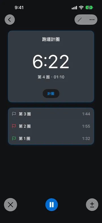 名為「跑道計圈」的碼錶,讀數為 6:22,下方顯示「第 4 圈 · 01:10」。單圈列表顯示第 3 圈 1:44(灰色旗子)、第 2 圈 1:55(紅色旗子)和第 1 圈 1:32(綠色旗子)。