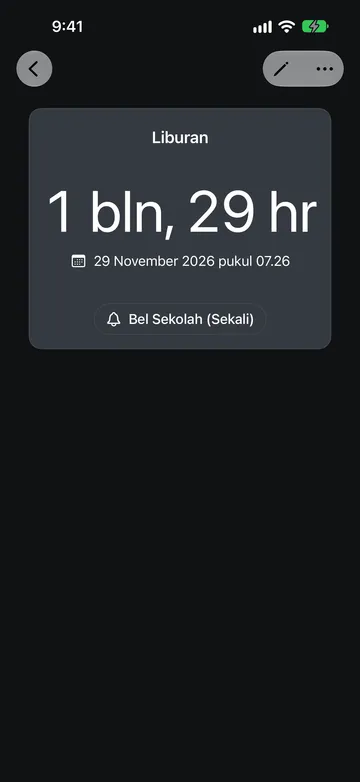 Hitung Mundur bernama Liburan yang menunjukkan sisa 1 bln, 29 hr hingga 29 November 2026 pukul 07.26, dengan tombol suara Bel Sekolah (Sekali) di bawahnya.