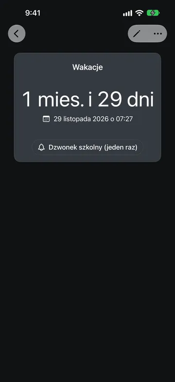 Odliczanie o nazwie Wakacje pokazujące 1 mies. i 29 dni do 29 listopada 2026 o 07:27, a pod spodem przycisk dźwięku Dzwonek szkolny (jeden raz).