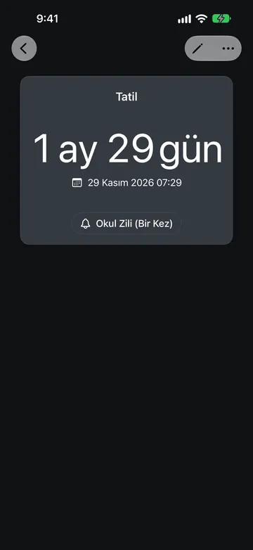 29 Kasım 2026 07:29’a 1 ay 29 gün kaldığını gösteren Tatil adlı bir Geri Sayım; altında Okul Zili (Bir Kez) ses düğmesi.