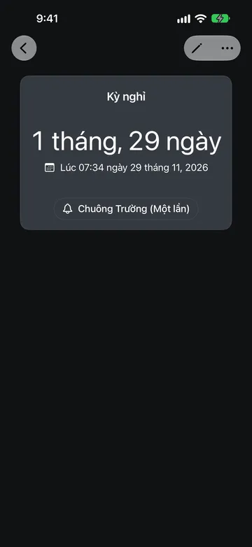 Đếm ngược tên Kỳ nghỉ hiển thị còn 1 tháng, 29 ngày đến lúc 07:34 ngày 29 tháng 11, 2026, với nút âm thanh Chuông Trường (Một lần) bên dưới.