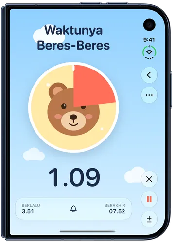 Timer Anak yang berjalan bernama Waktunya Beres-Beres dengan sisa 1:10: lingkaran koral menutupi sebagian beruang di piringan kuning, dengan waktu di bawahnya.