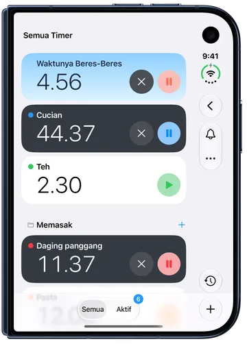 Semua Timer dengan Timer Anak yang berjalan bernama Waktunya Beres-Beres di bagian atas, pada kartu biru langit, di atas timer lainnya.