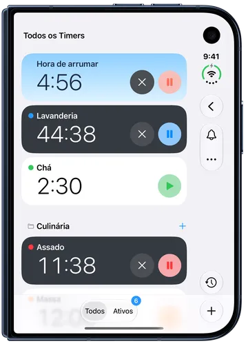 Todos os timers com um Timer infantil em andamento chamado Hora de arrumar no topo, em um cartão azul-céu, acima de outros timers.
