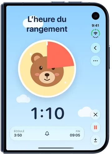 Un Minuteur pour enfants en cours nommé L’heure du rangement avec 1:10 restantes : un disque corail recouvre une partie d’un ours sur un cadran jaune, avec le temps en dessous.