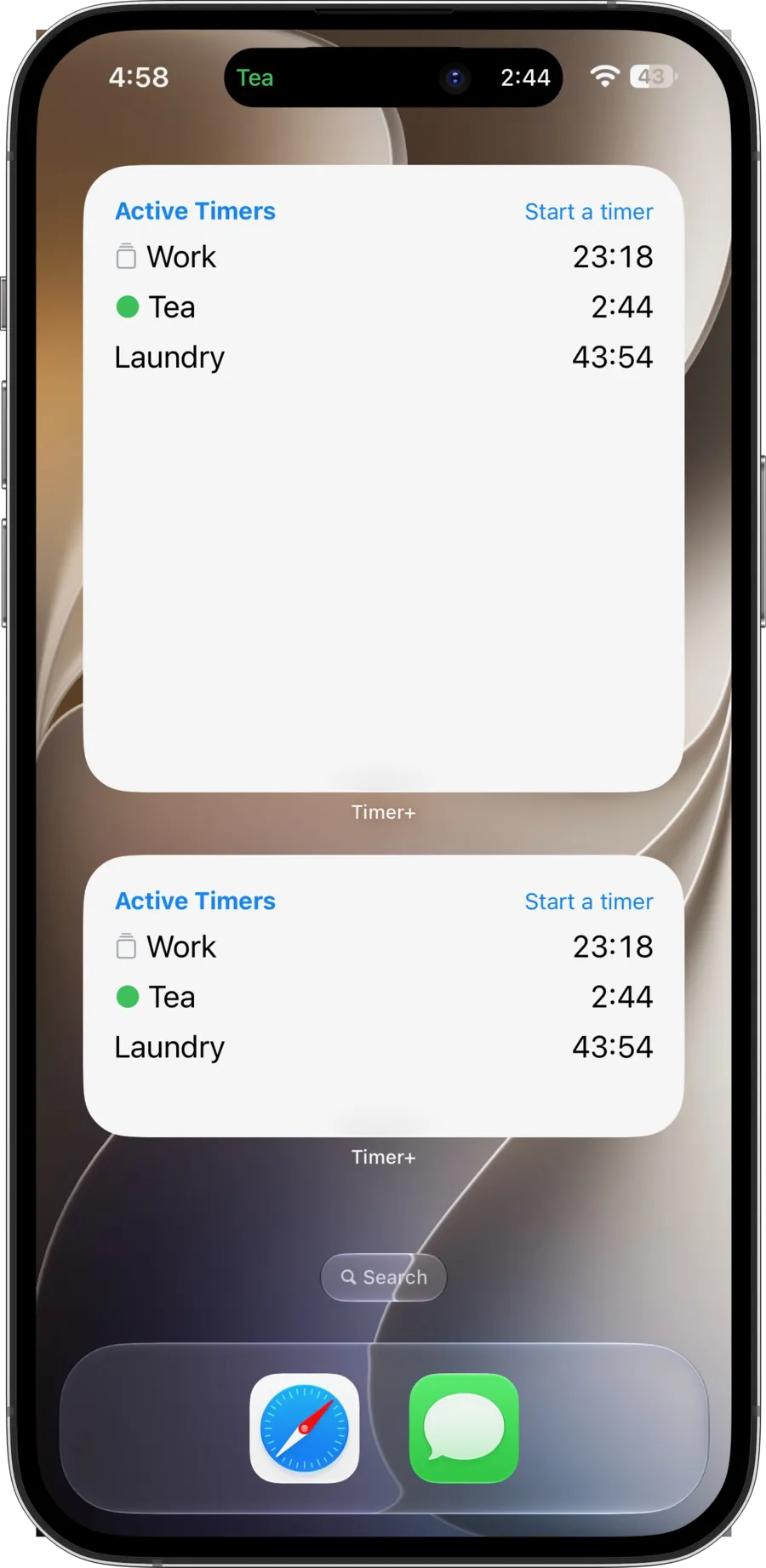 iPhone Home Screen showing large and medium Active Timers widgets