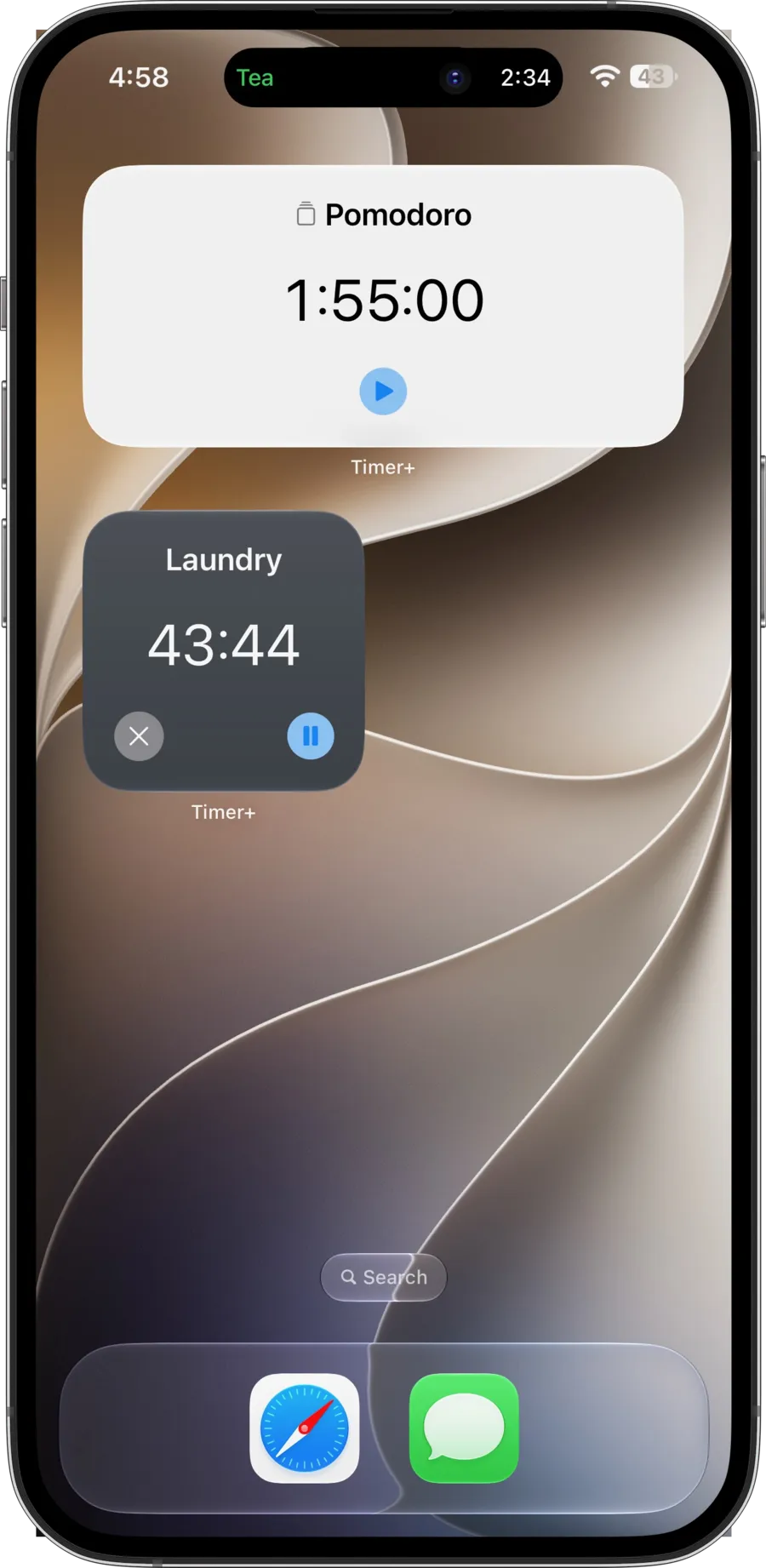 iPhone Home Screen showing medium Pomodoro and small Laundry Timer+ widgets