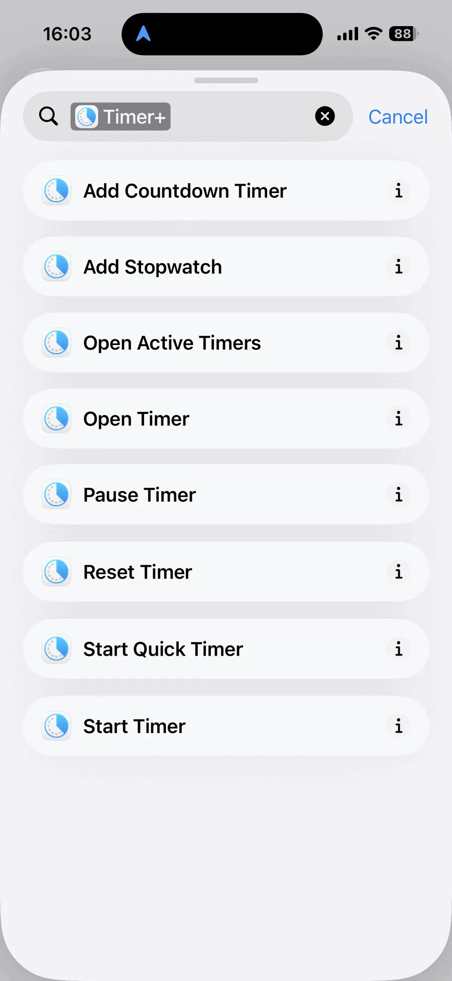 Timer+ actions in the Apple Shortcuts app on iPhone